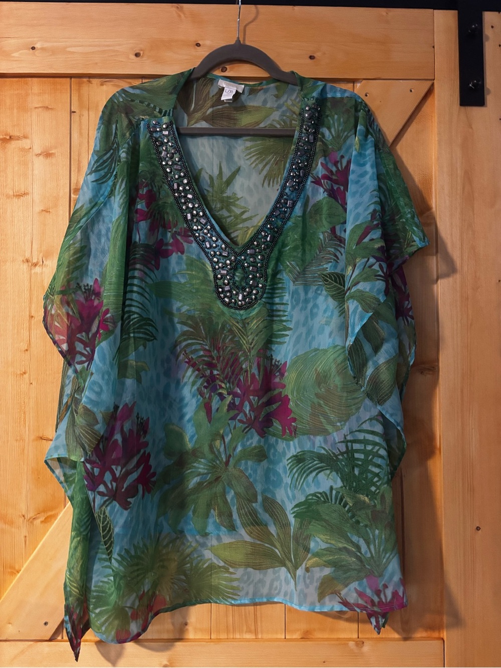 Chico’s Tropical Beaded Kaftan Poncho Top L/XL Blue Green Floral Embellished